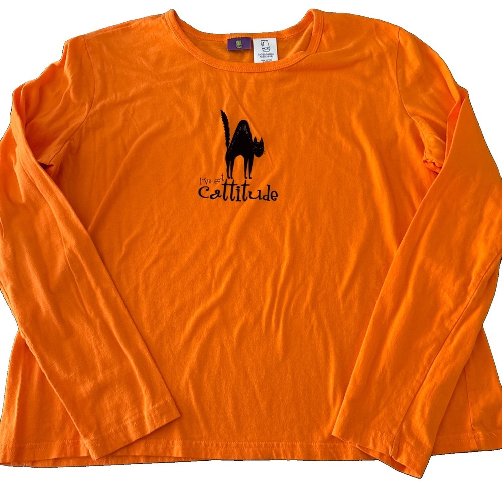 Vintage Womens XL halloween t shirt long sleeve I've Got Catitude Black Cat